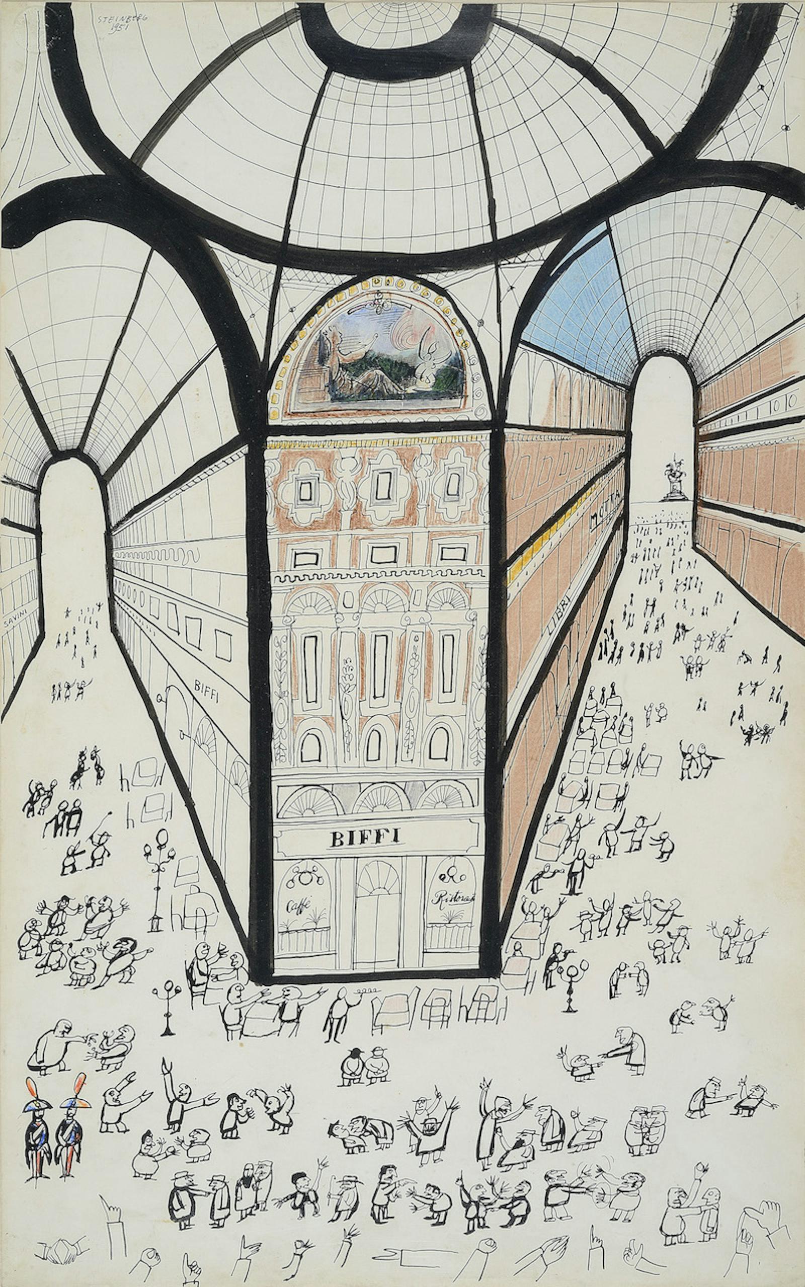 Saul Steinberg, Gallery of Milan, 1951, ink, grease pencil and watercolour on paper, Private collection © The Saul Steinberg Foundation/Artists. Rights Society (ARS) New York