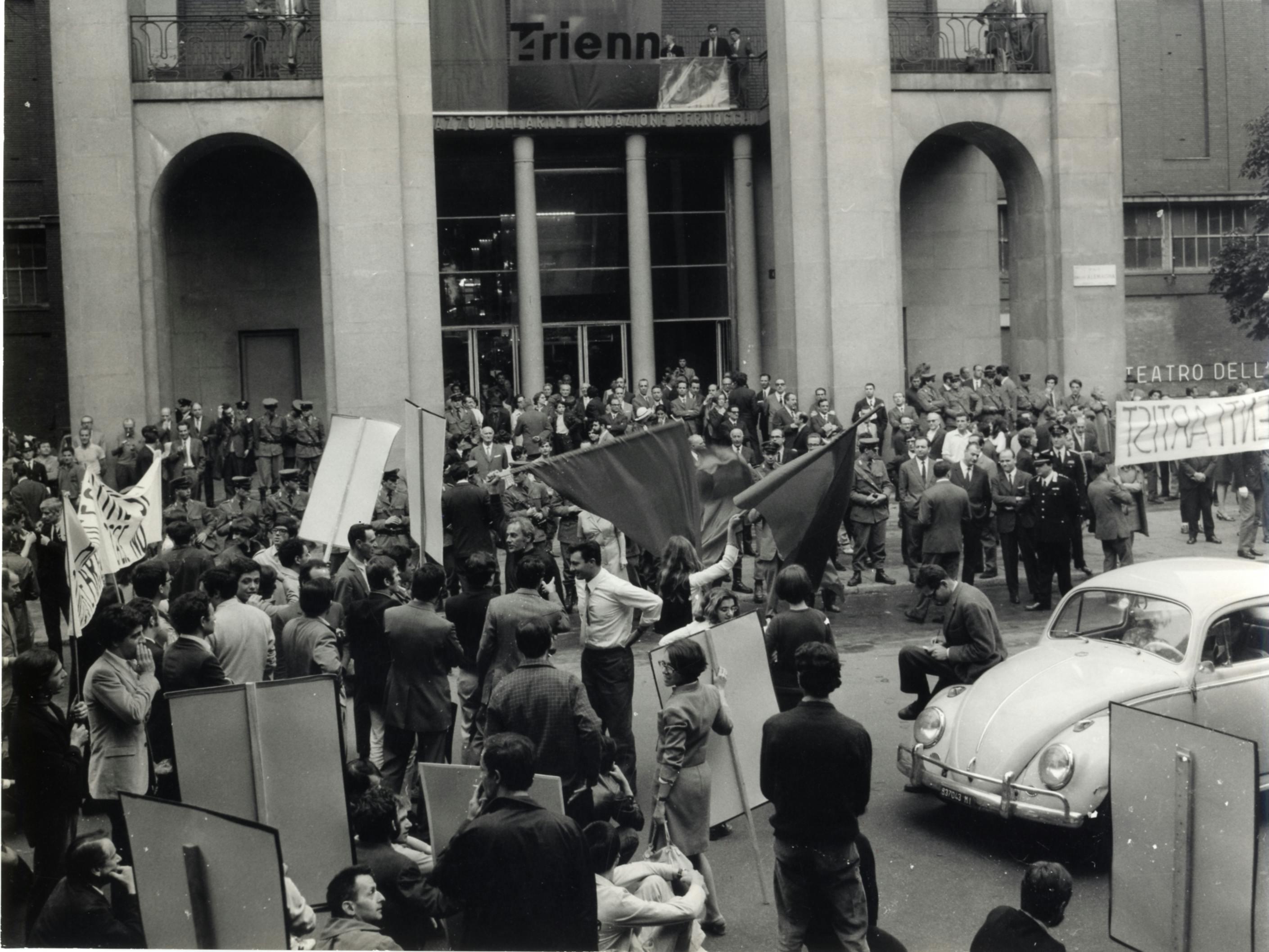 1968: The main facade of the Palazzo dell’Arte after the occupation of the 14th Triennale