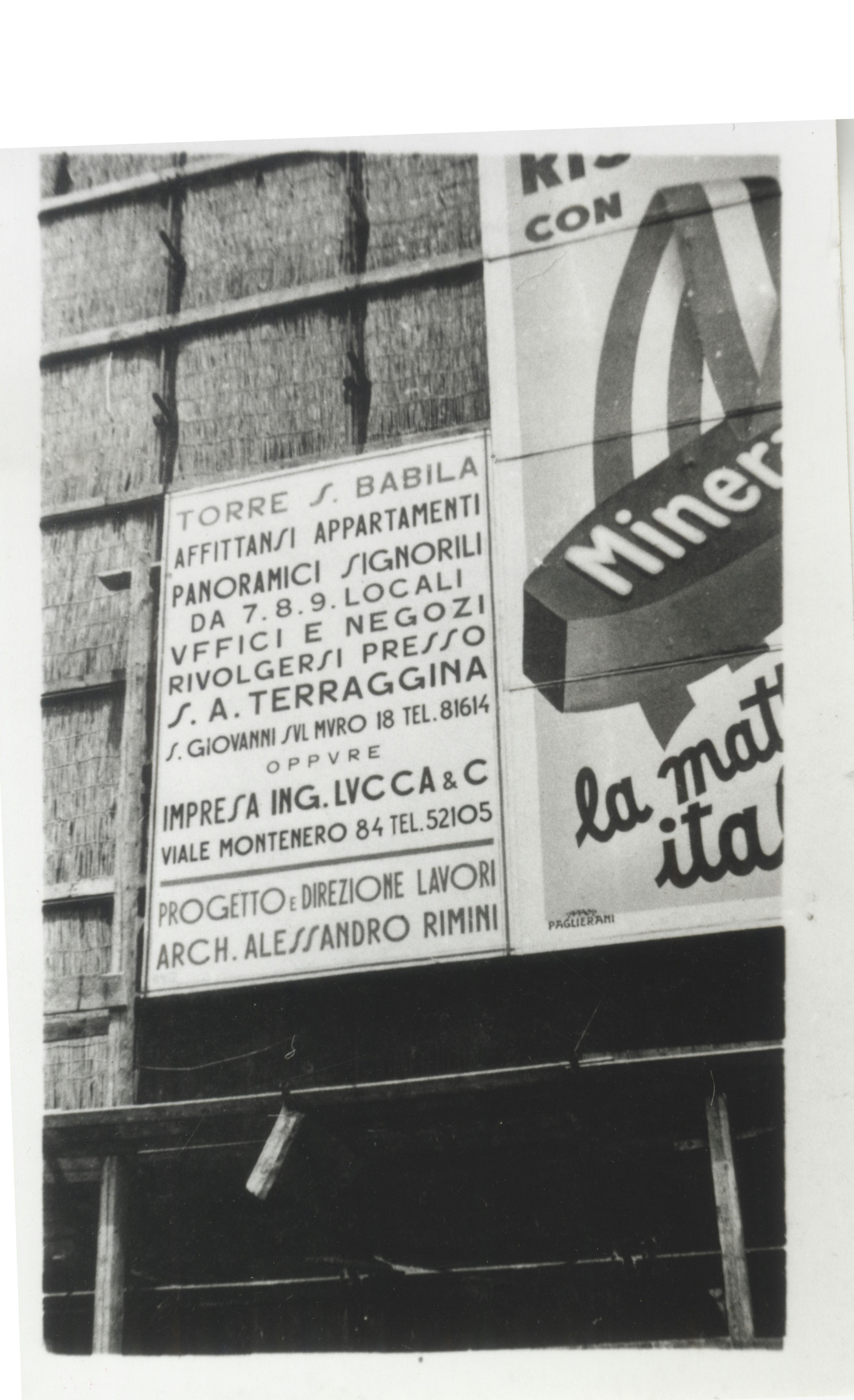 Construction site sign for the Snia Viscosa tower house in Piazza San Babila